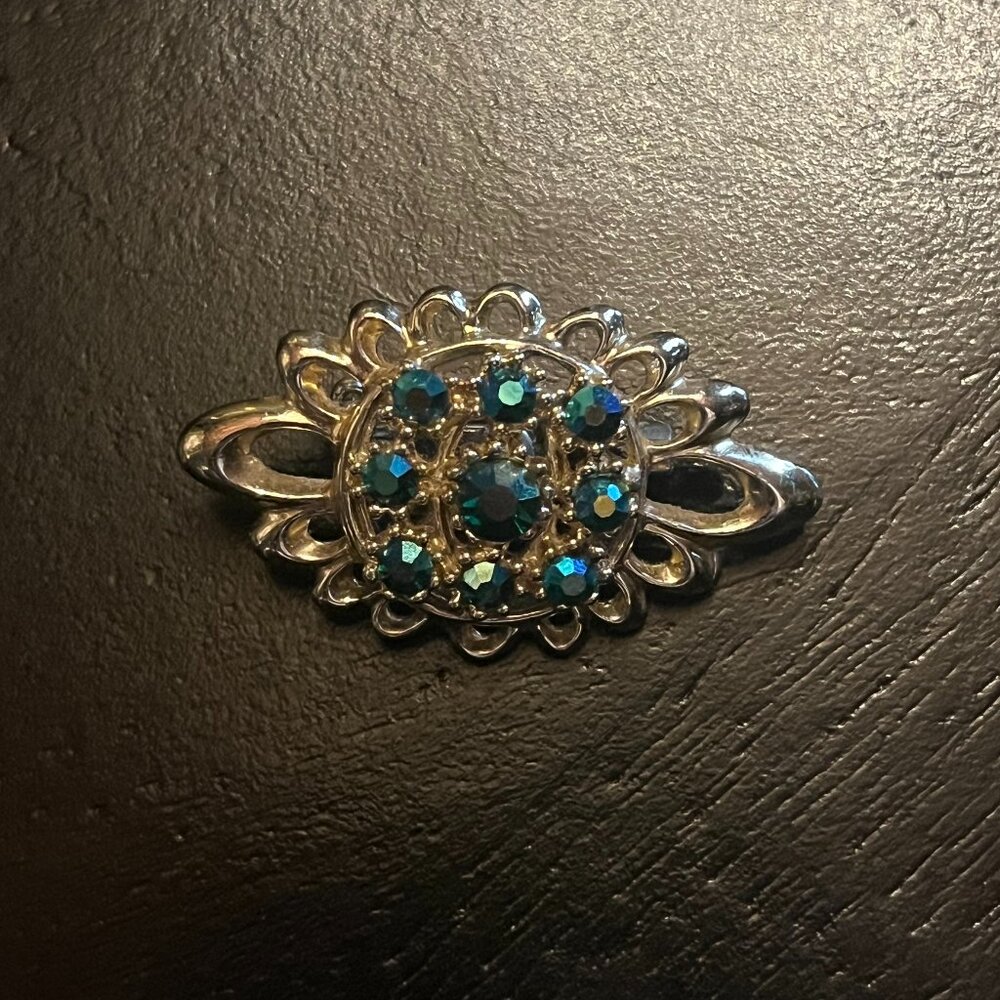 Vintage Gold Tone Green AB Stones Open Work Design